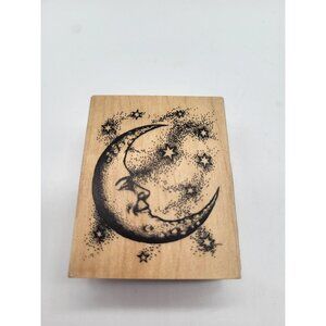 Inkadinkado Wood Rubber Stamp Crescent Moon Stars Celestial Face Craft 95194